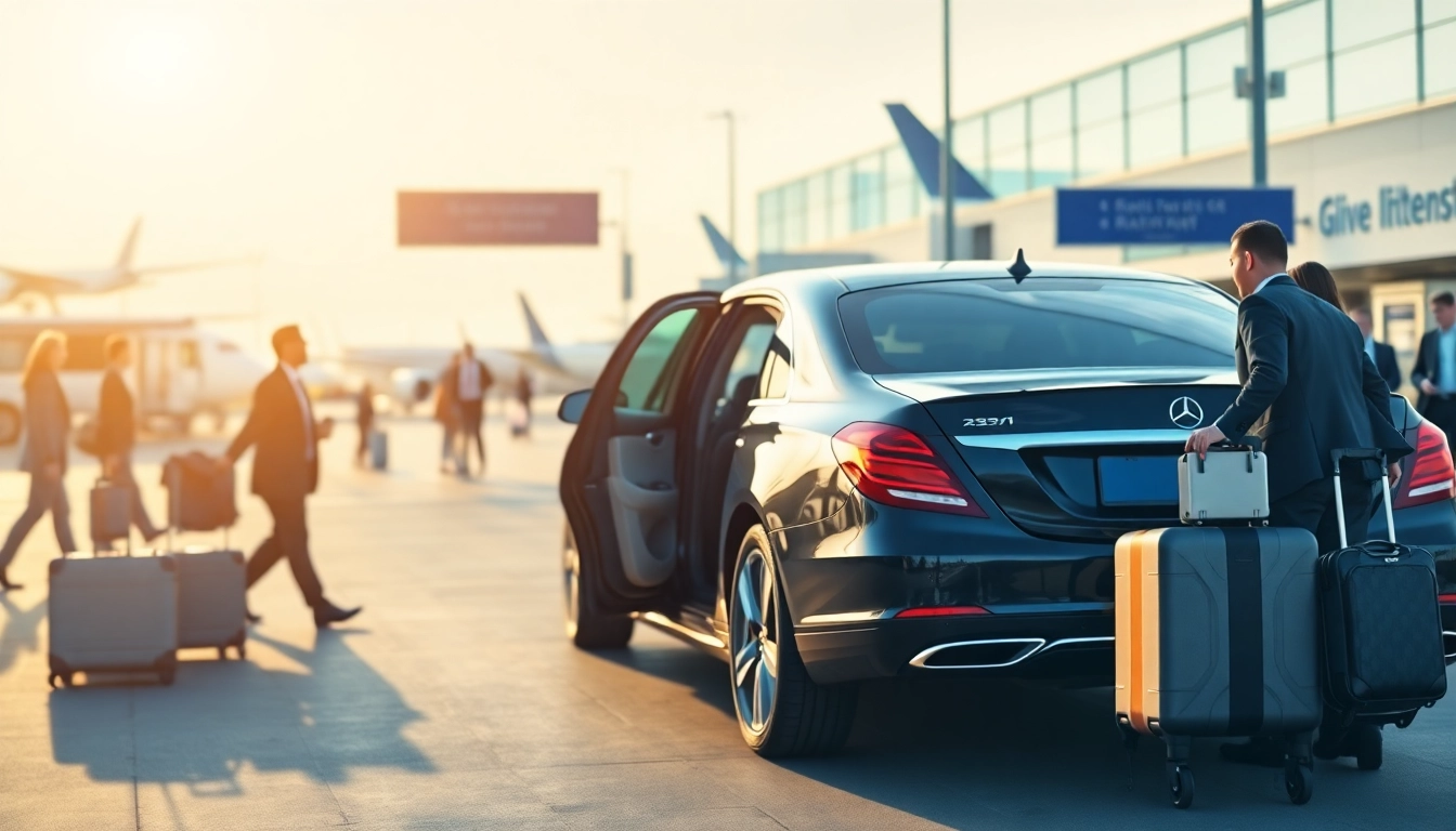 Airport Transfers vehicle welcoming travelers at a bustling airport terminal with smooth, modern design.