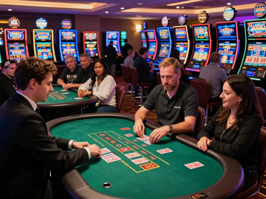 Players engaging at a blackjack table with a dealer, showcasing the excitement of Jun88 online casino.