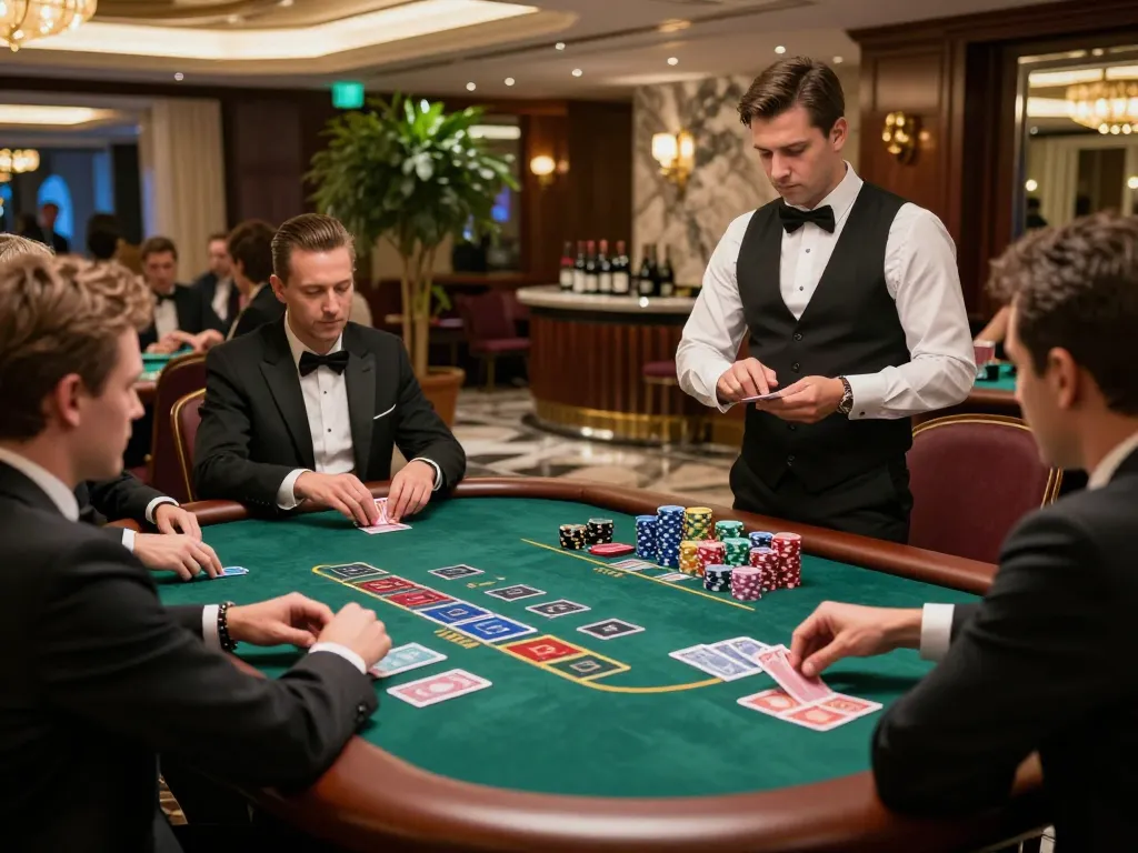 Players strategizing in an upscale blackjack game at 79win, showcasing high stakes and elegance