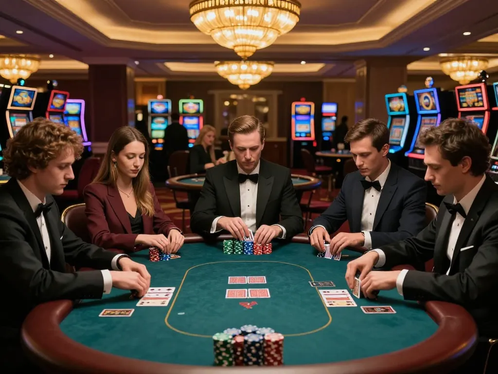 Sunwin players strategizing at a high-stakes poker table in a luxury casino environment.