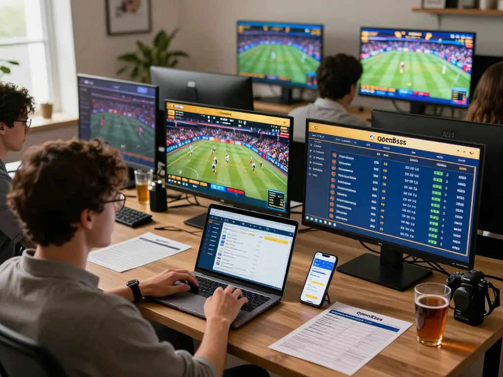 Active sports betting with users engaging online on open88ss in a vibrant home setting