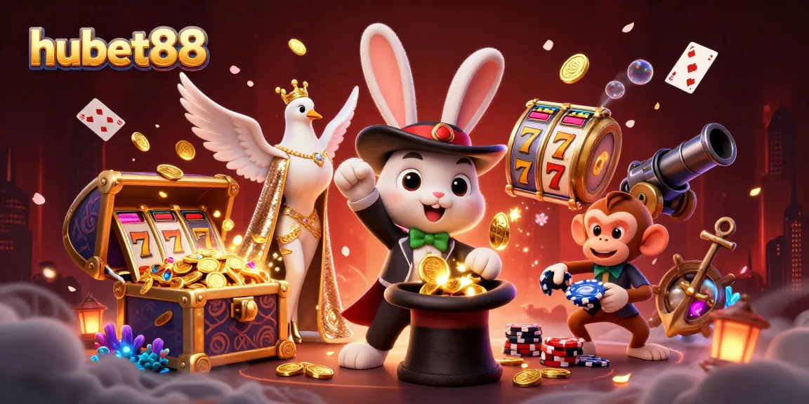 Engage in the thrill of hubet88's online casino with a vibrant 3D scene featuring a magician rabbit, dove assistant, and playful monkey.