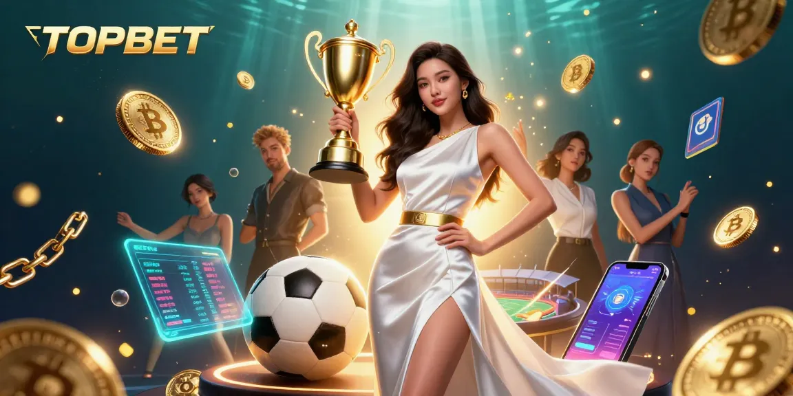 TOPBET showcases a victorious Asian woman celebrating sports betting success while surrounded by vibrant gaming elements.