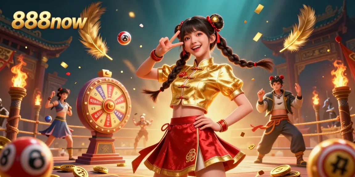 Engage with 888now in a lively casino scene featuring a joyful woman amidst colorful lottery balls and exciting elements.