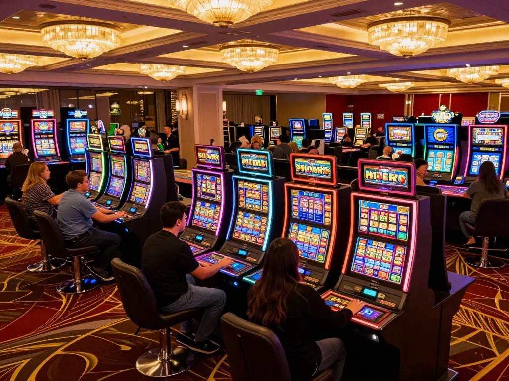 Players enjoying vibrant lucky88 slot machines amid lively casino atmosphere, showcasing excitement and engagement.