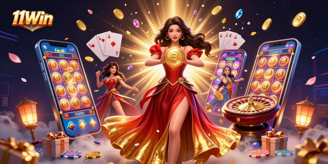 Experience thrilling gaming with 11Win as golden coins cascade around a stunning character holding a massive coin.