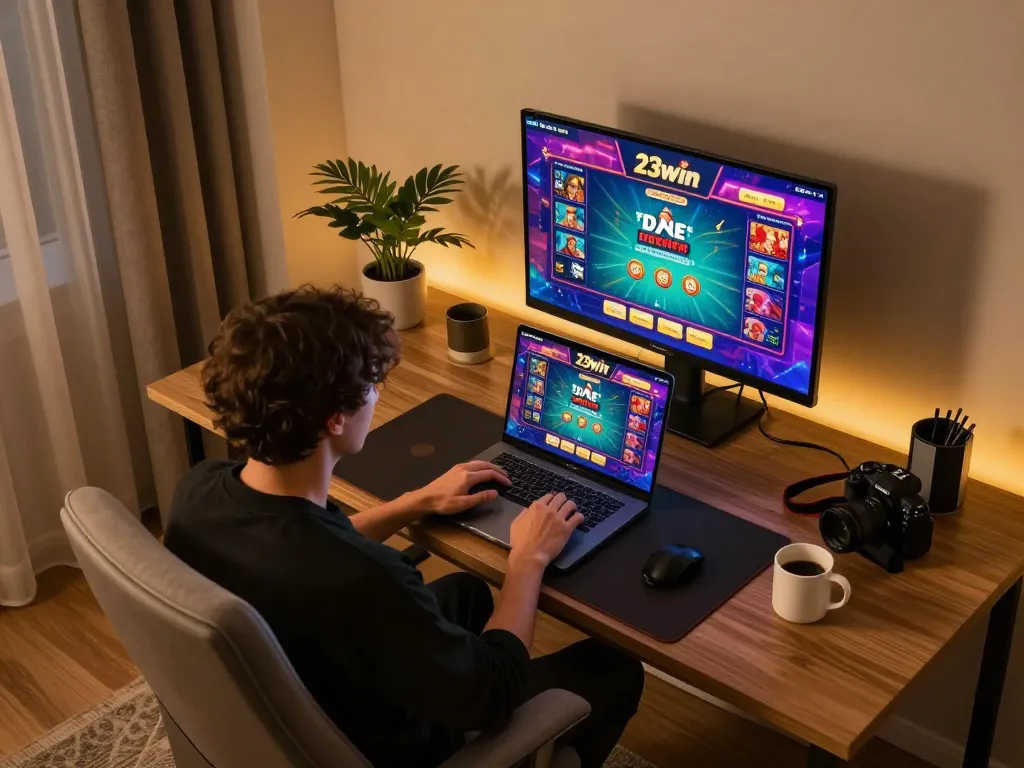 Player engaging with 23win's live dealer game on a laptop, showcasing a modern gaming setup