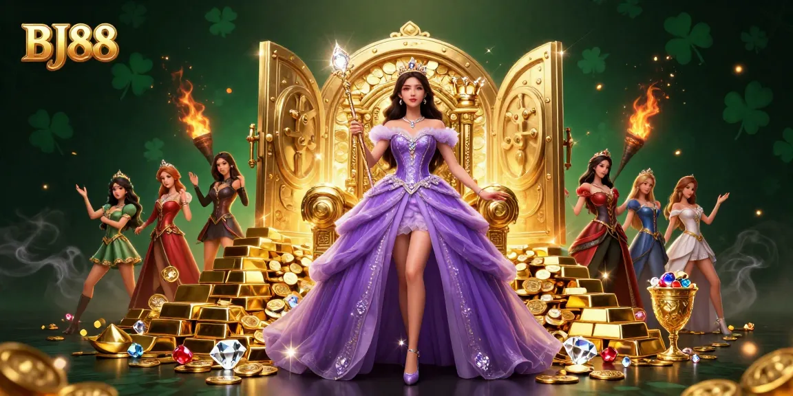BJ88 offers an enchanting experience with a beautiful Asian woman in a golden throne surrounded by treasure, showcasing luxury and excitement.