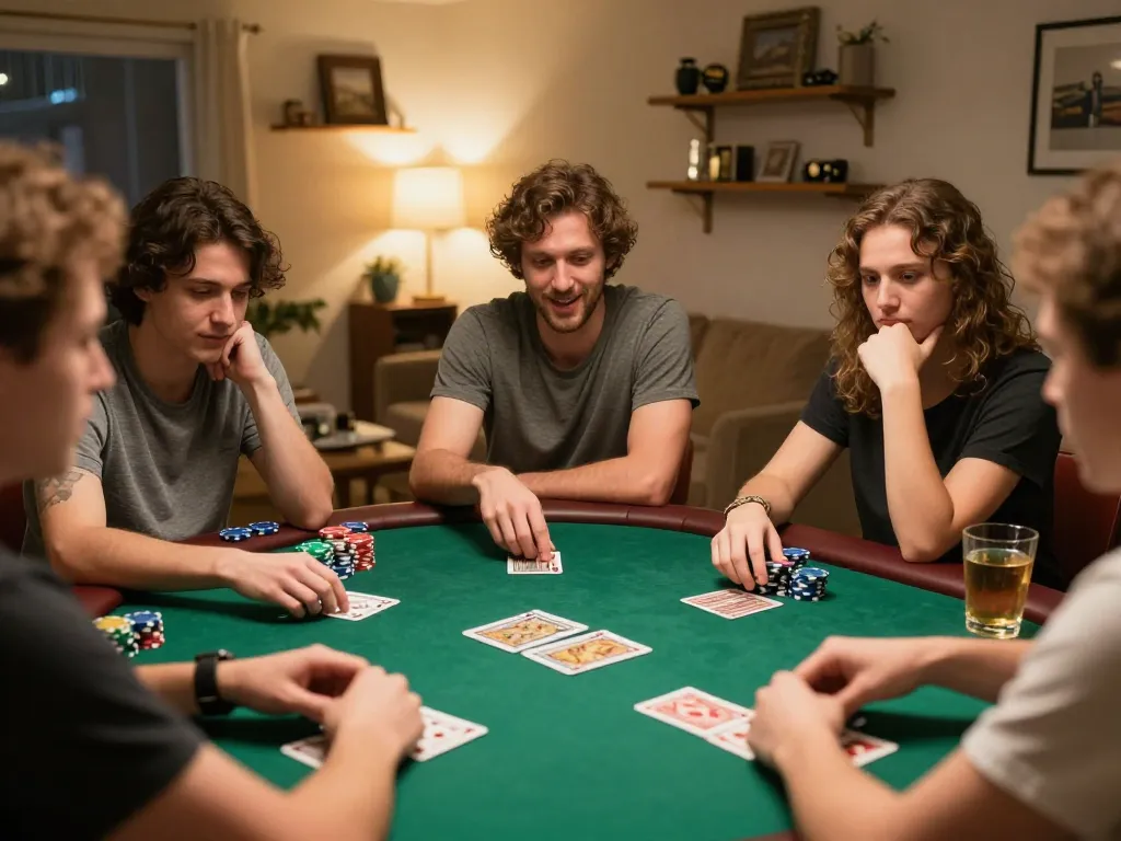 F168 players passionately engage in a poker game at home with warm ambiance.