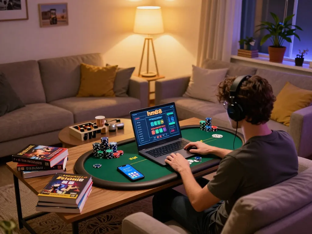 Engaged player using hm88 app on laptop in cozy home gaming setup.
