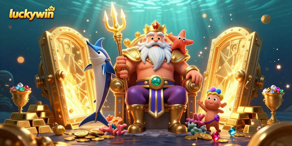 Join the luckywin adventure with Neptune and treasures in a thrilling casino-themed scene.