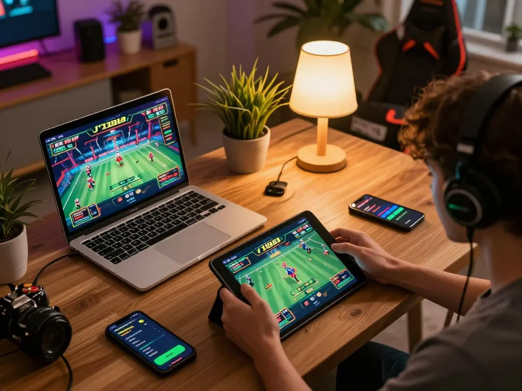 Engaging gameplay on J188 sports betting tablet at home, showcasing a lively and inviting gaming environment