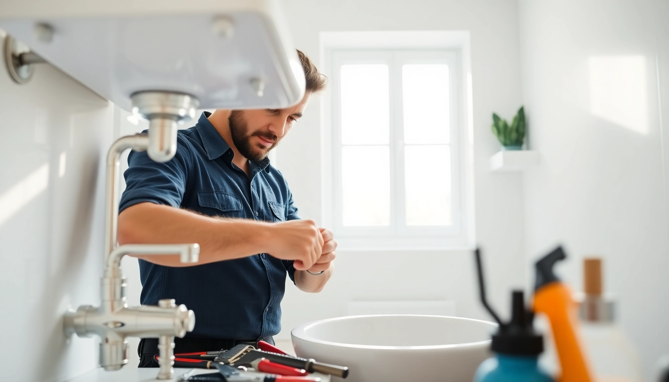 Find a qualified Plumber near me fixing pipes in a bright professional environment.