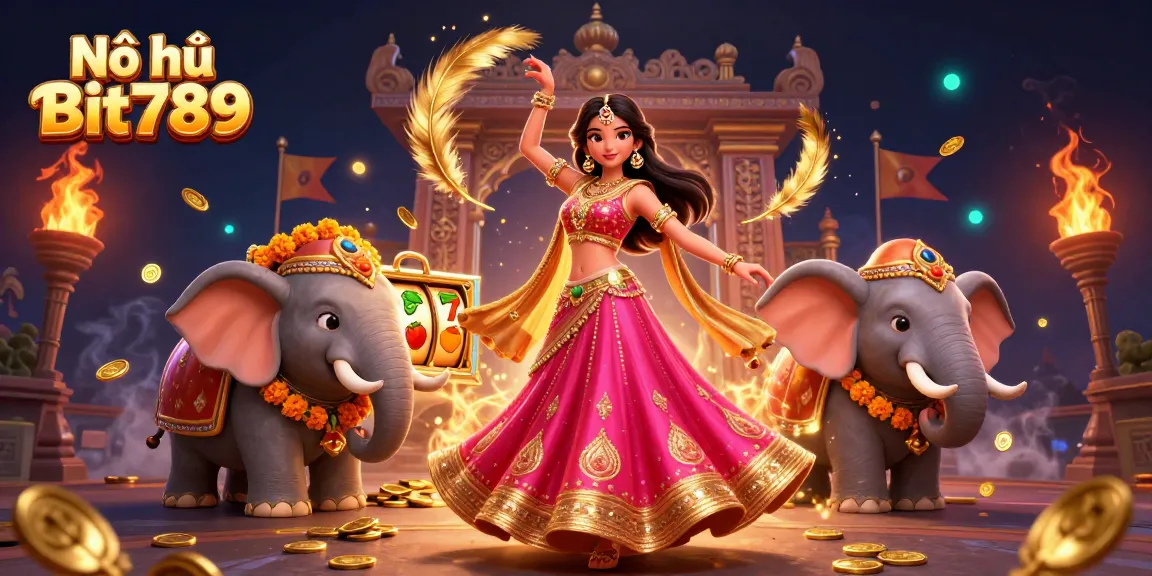 Nổ hũ Bit789 showcases thrilling slot reels and vibrant characters celebrating big wins in a festive scene.