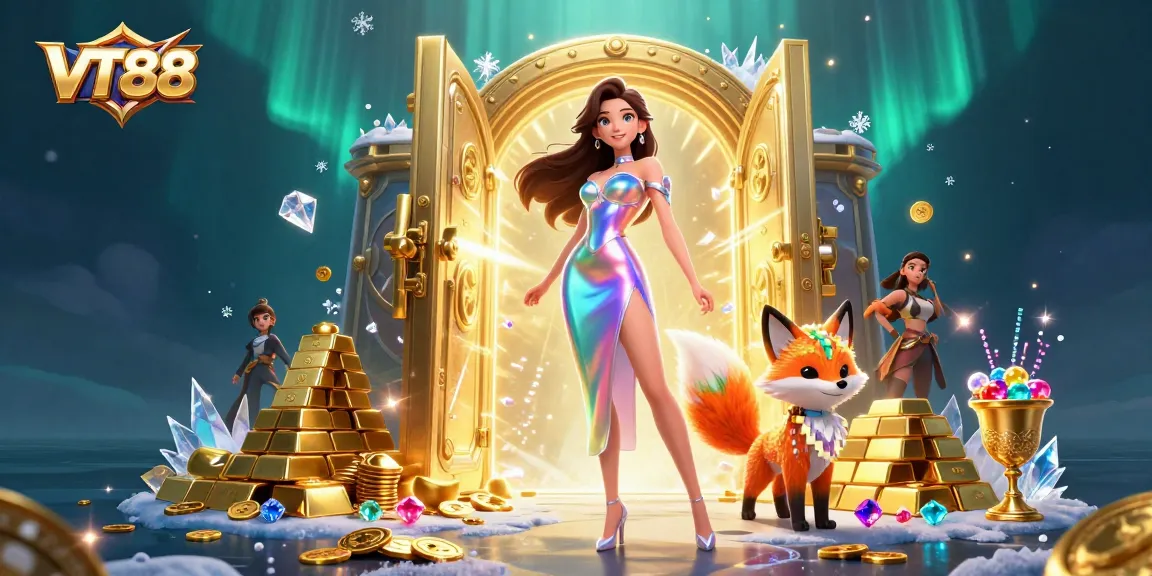 Engage with VT88's vibrant casino scene featuring a dazzling woman, colorful fox, and sparkling treasures.