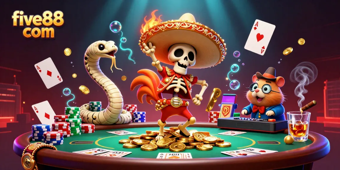 Experience thrilling poker action at five88 com with a colorful victory dance scene full of fun characters.