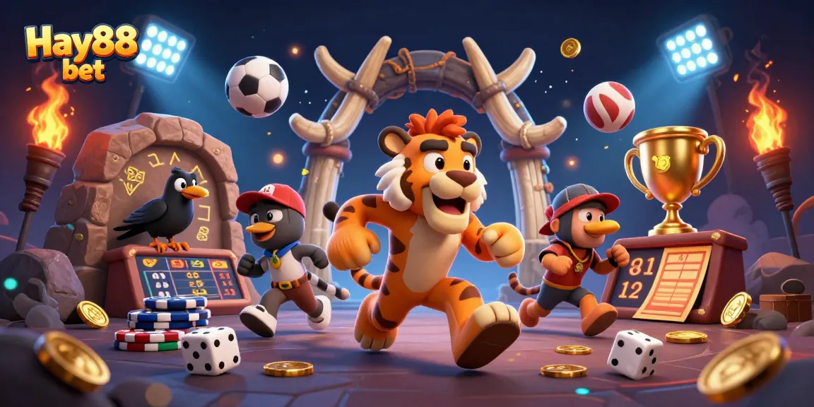 Experience the excitement of Hay88 bet with dynamic casino elements and colorful characters in a vibrant scene.