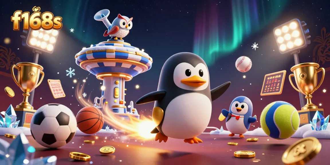 Bet on f168s with a golden penguin blasting through a casino-themed space, showcasing dynamic sports elements.