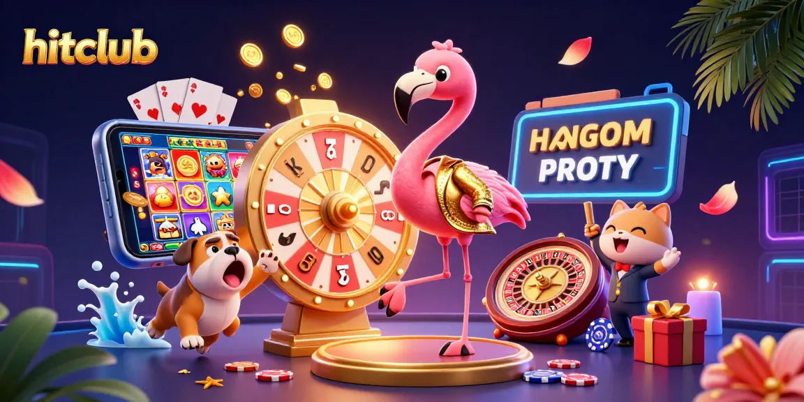 Hitclub game show scene showcasing a flamingo host, excited bulldog, and prizes in a vibrant casino setting.