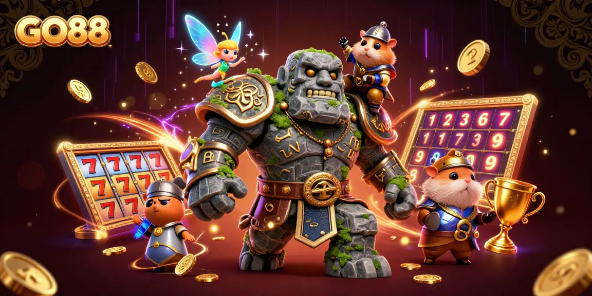Spin the reels at GO88's dazzling casino, featuring a golem guardian and sparkling elements.