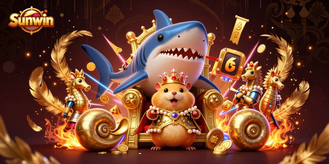 Engage with Sunwin's exciting gaming experience through a vibrant 3D casino scene featuring golden hamster king and dynamic slot elements.