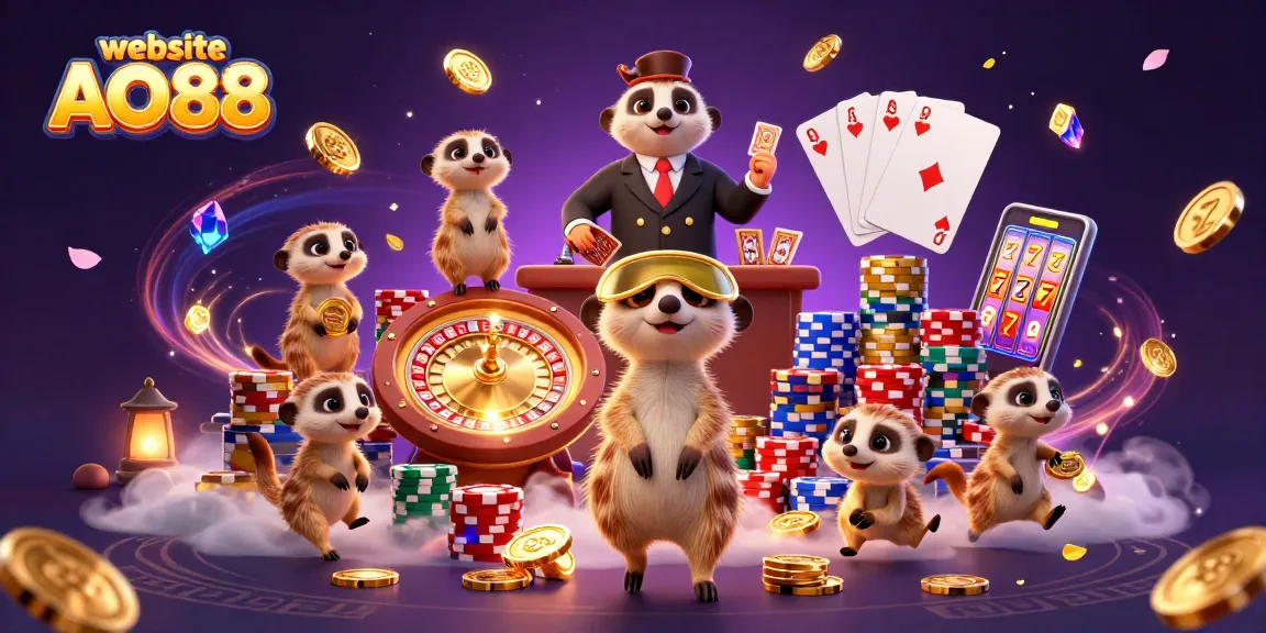Experience the excitement of the website AO88 with meerkats in a vibrant casino scene.