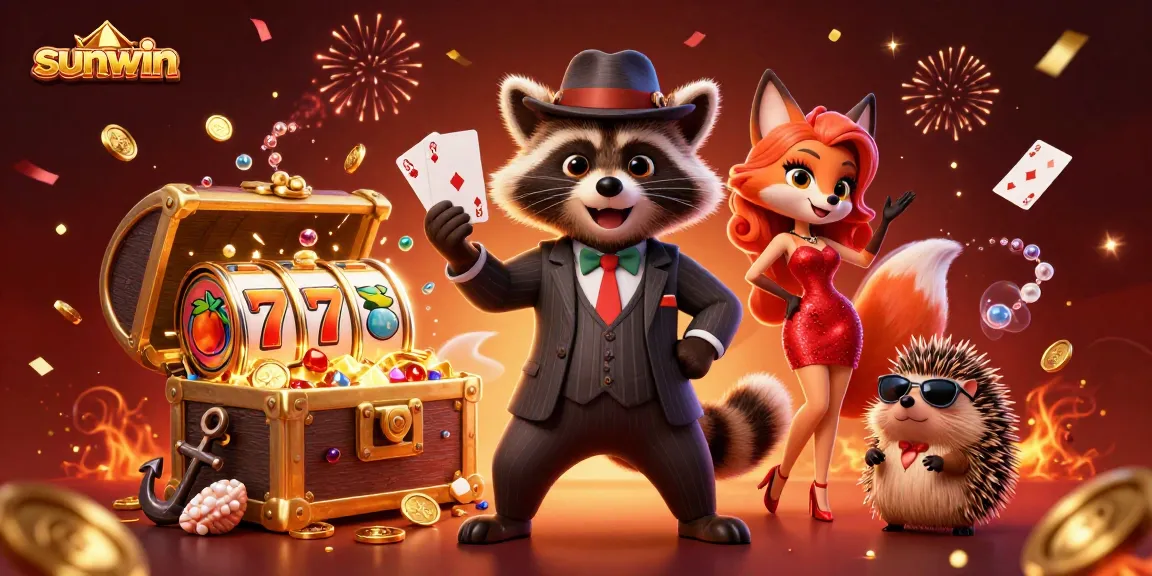 Play at sunwin with a raccoon holding a royal flush, surrounded by vibrant gambling elements.
