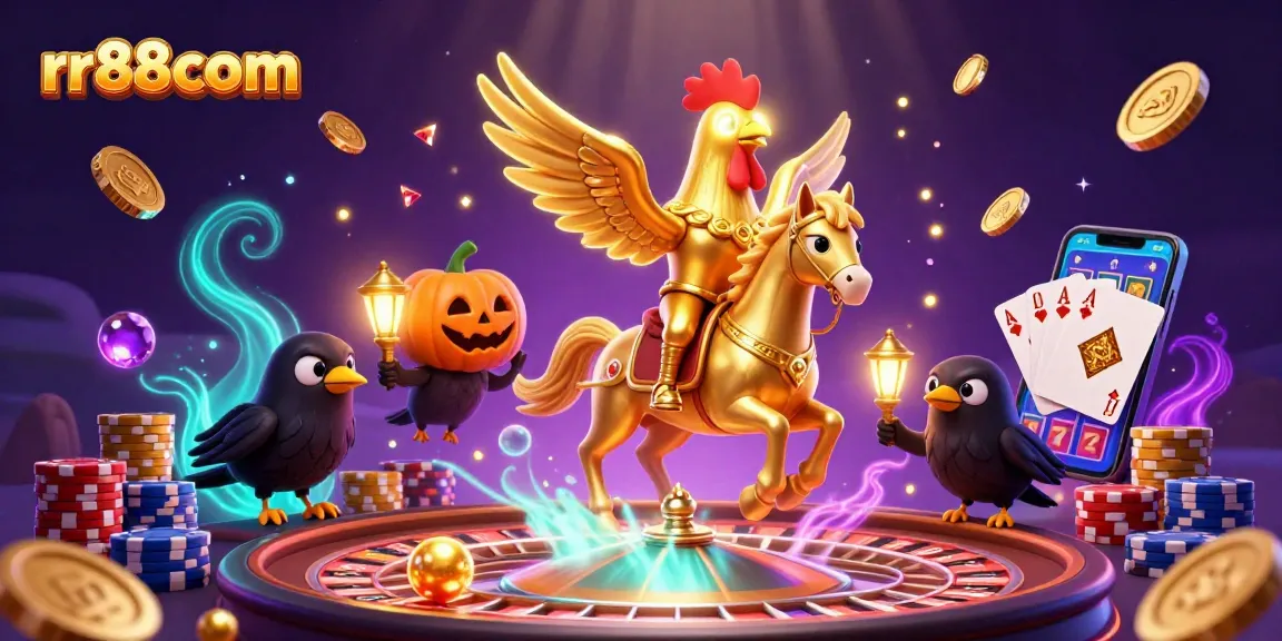 Experience thrilling gameplay at rr88com with festive casino scenes featuring golden rooster characters and vibrant game elements.