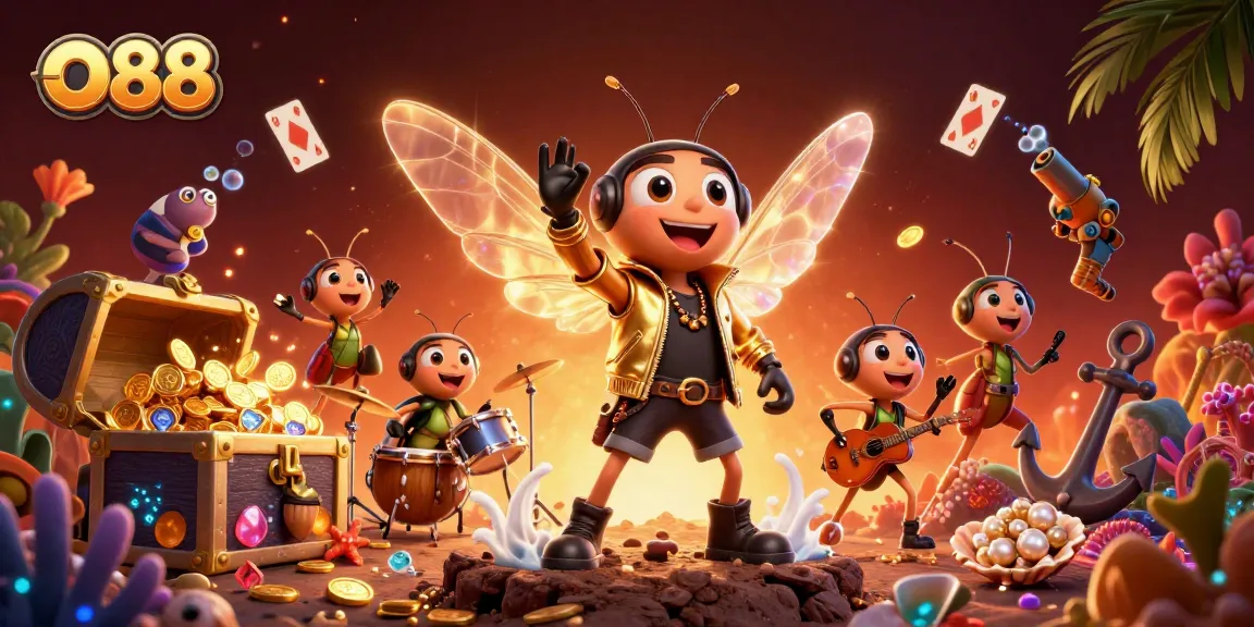 Experience O88's thrilling adventure with a lively casino scene featuring cartoon characters surrounded by treasures.
