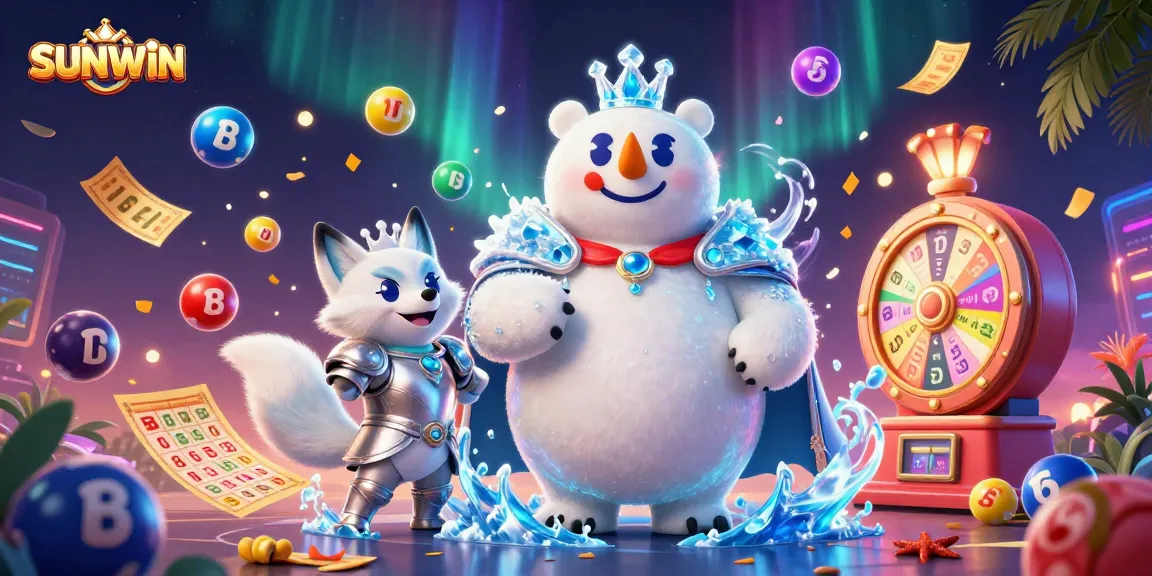 Engage with SUNWIN's exciting games through a vibrant 3D casino scene featuring animated lottery elements.