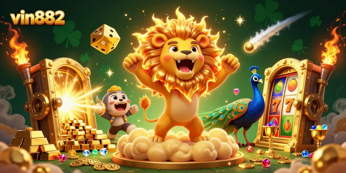 Experience thrilling gameplay at vin882 with vibrant slot reels and dynamic golden elements.