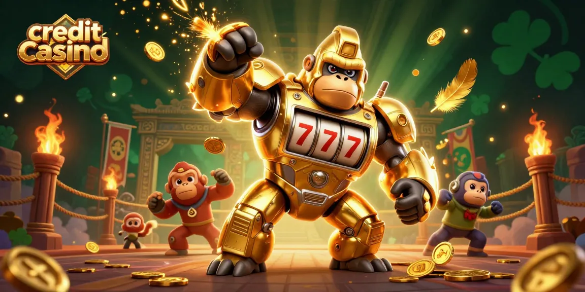Experience thrill at credit card casinos with a golden mech and vibrant gaming elements.