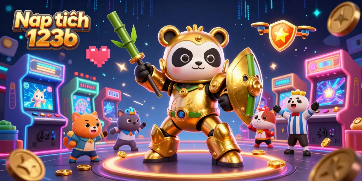Nạp tiền 123b showcases a vibrant 3D scene with golden panda in mech-suit amidst energetic arcade elements.