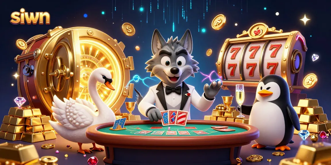 siwn showcases a lively scene with a debonair wolf, sophisticated swan, and penguin in a vibrant casino atmosphere.