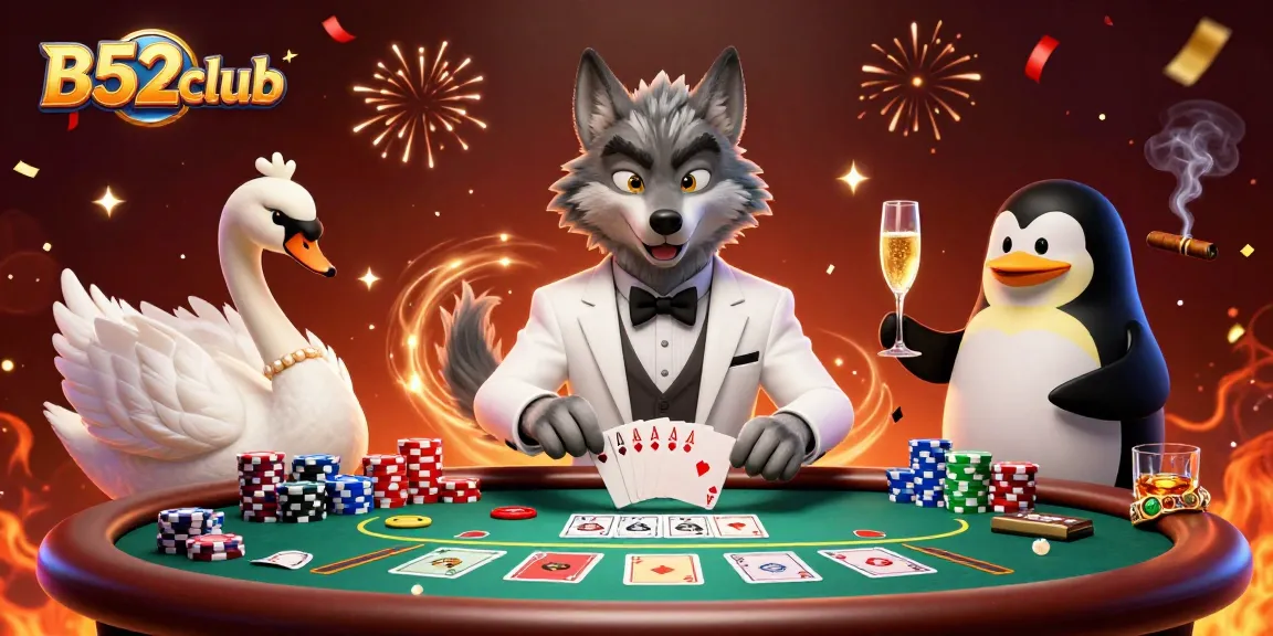 B52club's lively gaming scene with a wolf, swan, and penguin in a lavish casino atmosphere.