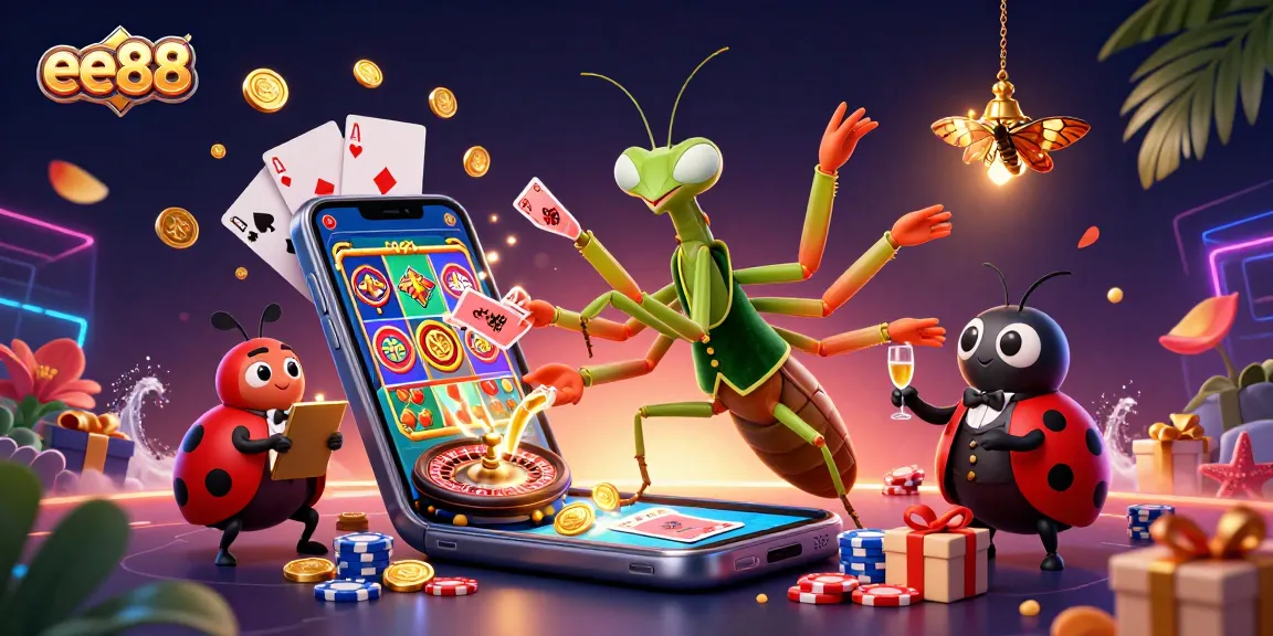 Experience the excitement of ee88 with a vibrant casino scene featuring a card sharp, pit boss, and lively gaming elements.
