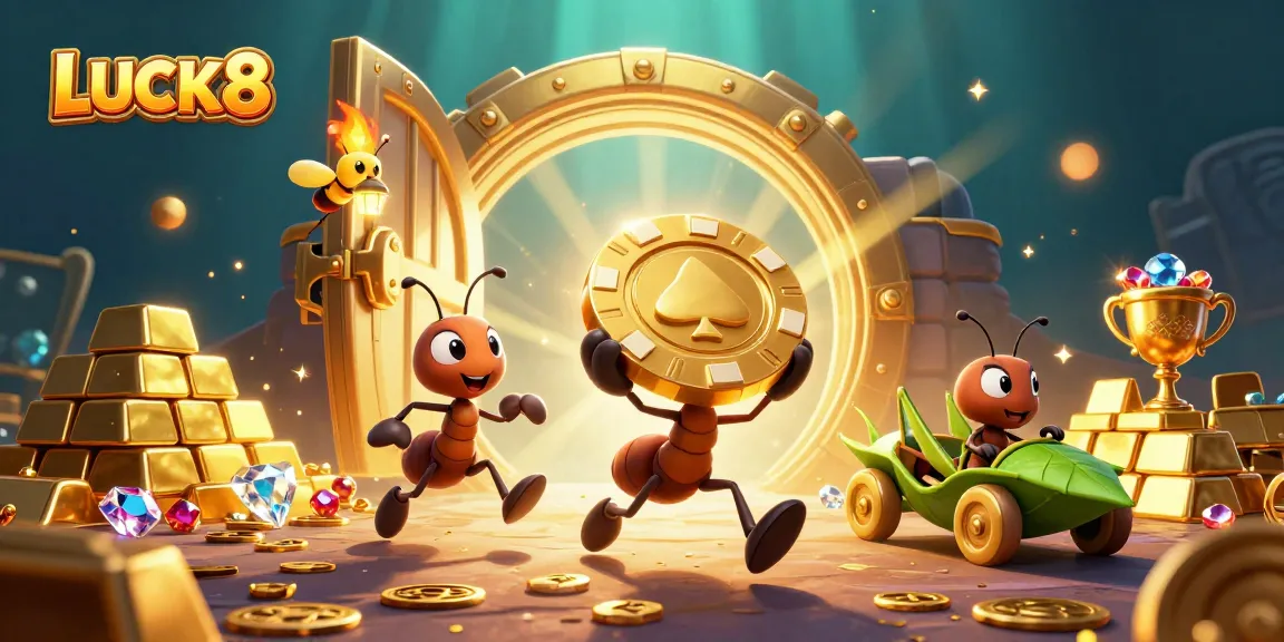 Join the LUCK8 adventure as ants carry a giant poker chip in a dynamic casino heist scene.