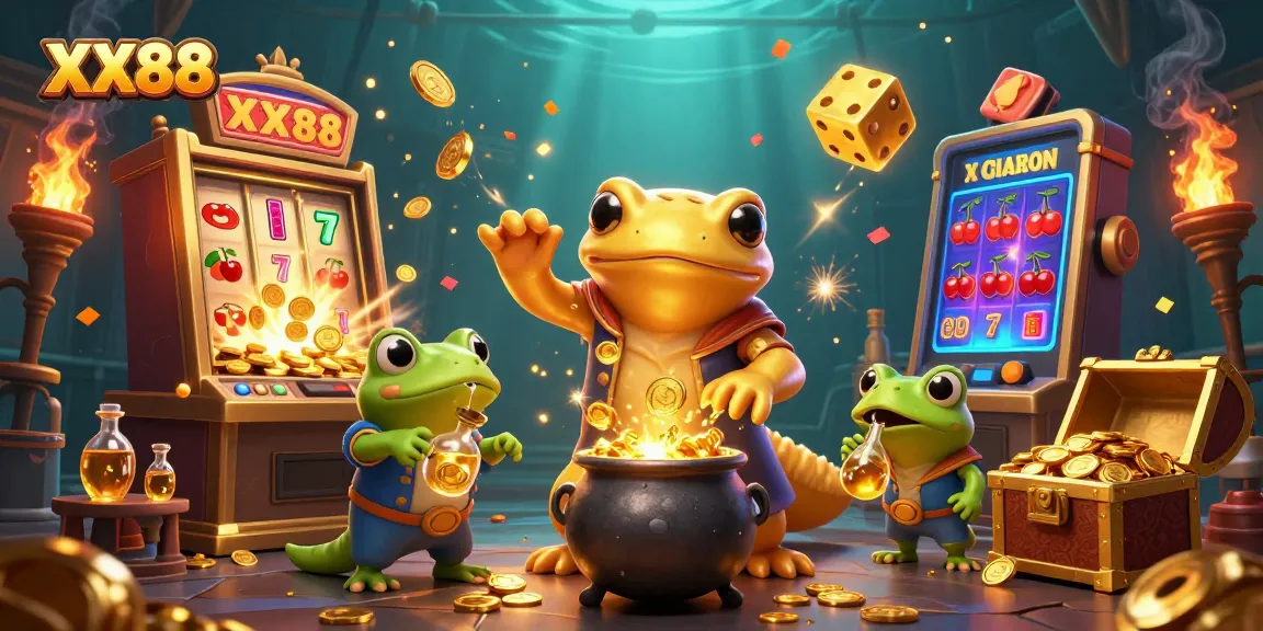 Experience the thrilling world of XX88 with a vibrant 3D illustration showcasing gold coins, dynamic slots, and magical alchemy.
