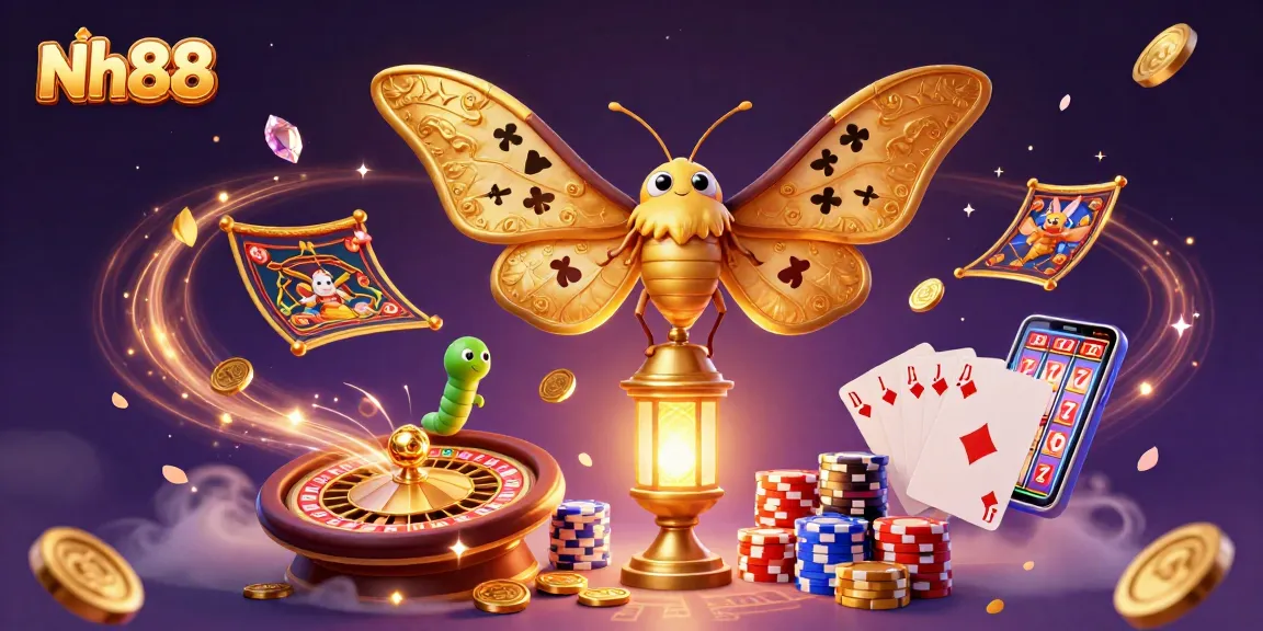 Experience vibrant gaming with Nh88 featuring golden moths and casino elements in a dynamic scene.