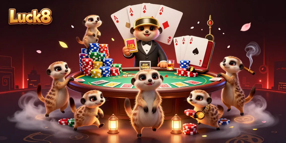 Luck8 meerkats enhance the thrill of poker in a vibrant casino scene packed with colorful chips.