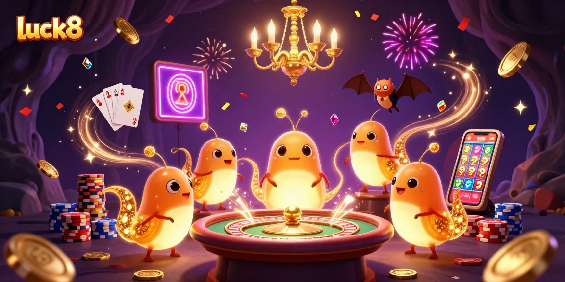 Experience the thrill of luck8 with vibrant glowworms illuminating a lively casino scene filled with excitement.