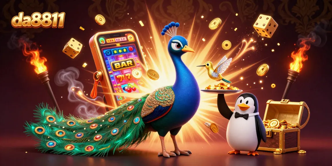 Engage in thrilling casino action at da8811 with a rich 3D illustration featuring a peacock and penguin amidst gaming excitement.