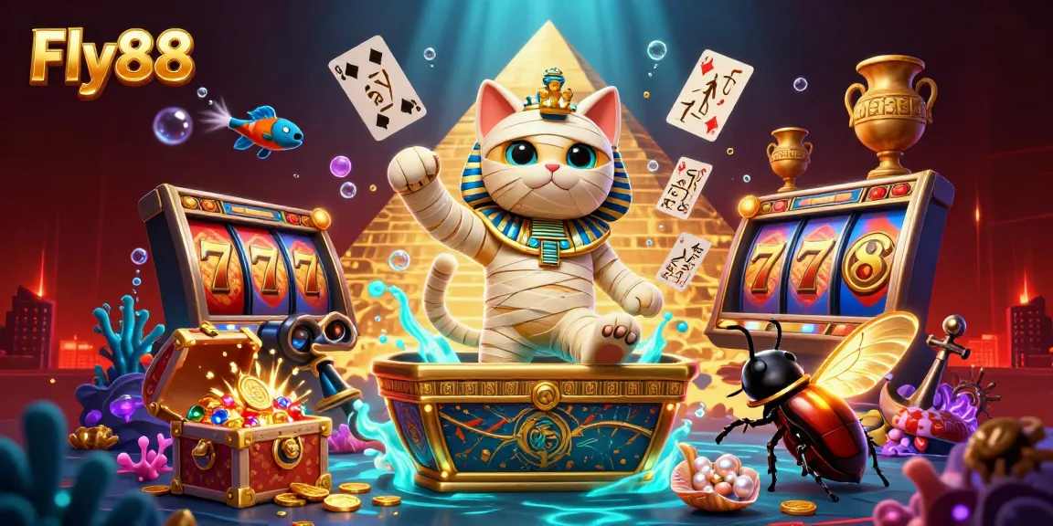 Fly88 engages players with a vibrant 3D scene featuring an Egyptian mummy cat amidst a lively casino environment.