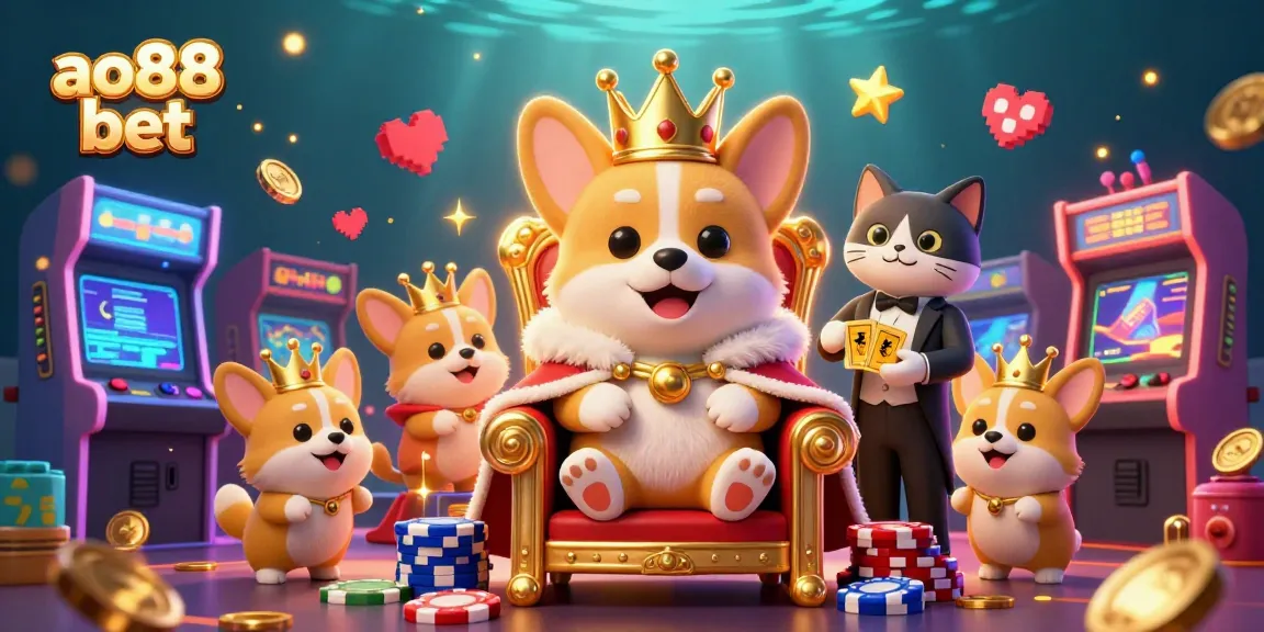 Experience thrilling action at ao88 bet with a vibrant, animated casino scene featuring royal corgis and arcade elements.