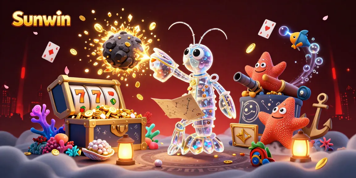 Unleash winnings at Sunwin's vibrant casino scene filled with slot reels and golden gems.