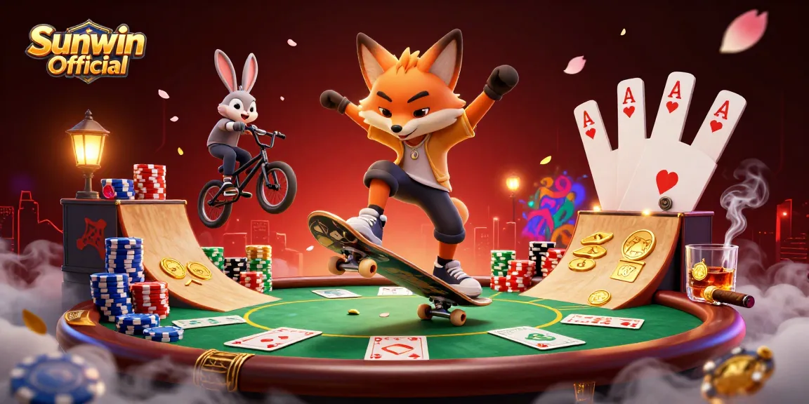 Experience thrilling gaming with Sunwin Official's vibrant casino illustration, showcasing action-packed characters and gambling elements.