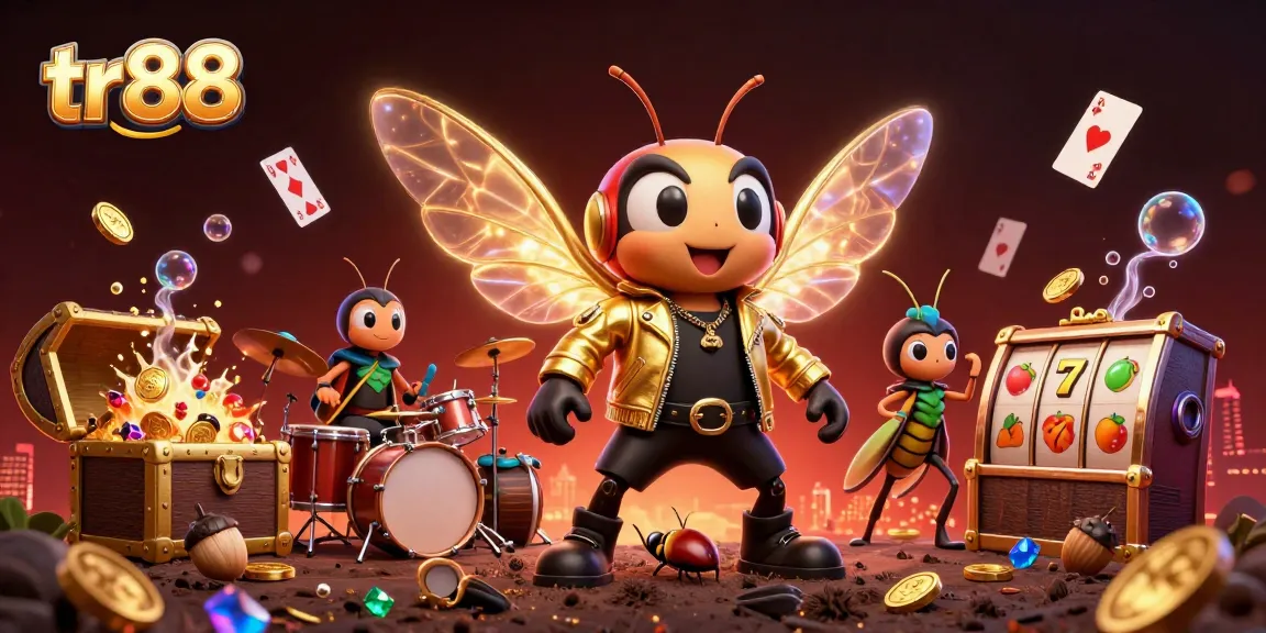 Win big with tr88's vibrant 3D casino scene showcasing a cicada rock star, slot reels, and treasure.