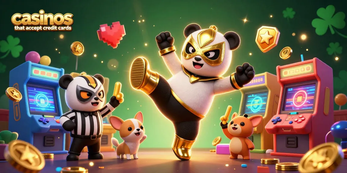 Engage at casinos that accept credit cards with a vibrant scene featuring a panda wrestler and cheering animals.
