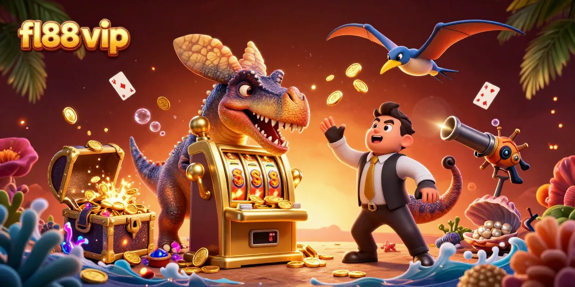 Catch coins at fl88 vip as dinosaurs interact in a vibrant casino-themed scene with dynamic action.