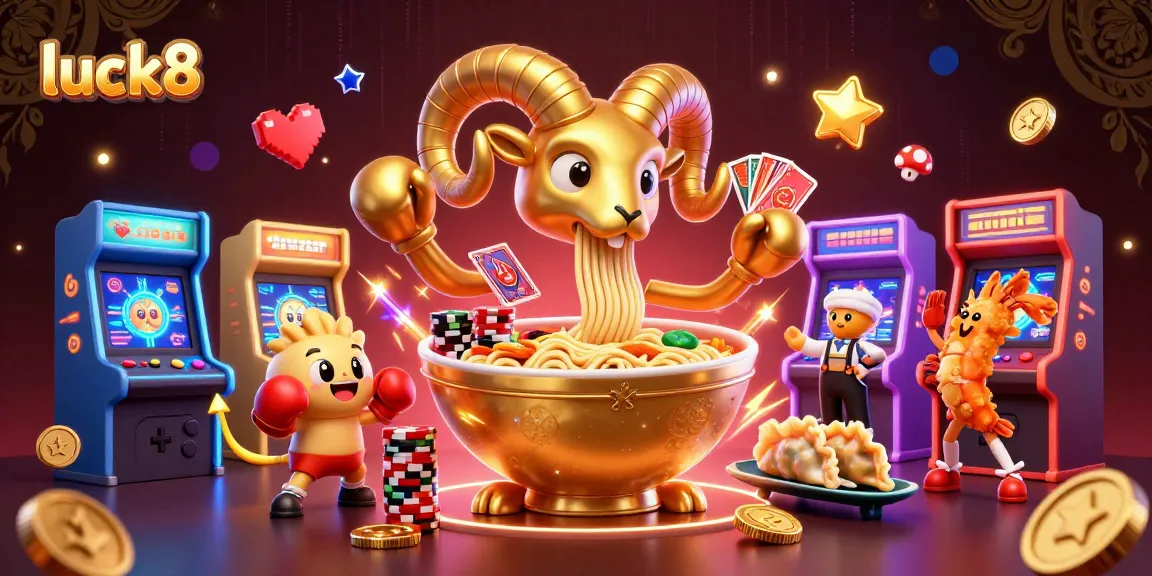 Engage with luck8 as a giant ramen bowl creatively deals cards and stacks chips in a vibrant casino scene.